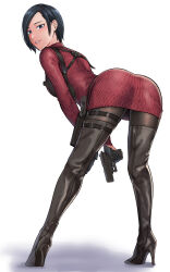 Rule 34 | 1girl, ada wong, ass, bent over, black eyes, black footwear, black gloves, black hair, black pantyhose, bob cut, boots, chest harness, commentary, dress, from behind, full body, gloves, gun, half gloves, handgun, harness, high heel boots, high heels, highres, holding, holding gun, holding weapon, holster, holstered, kyuuso inukami, looking at viewer, pantyhose, parted bangs, red sweater, resident evil, resident evil 4, resident evil 4 (remake), short hair, smile, solo, standing, sweater, sweater dress, thigh boots, thigh holster, turtleneck, turtleneck sweater, weapon, white background