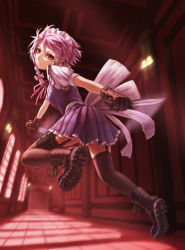 Rule 34 | 1girl, bad id, bad pixiv id, black thighhighs, boots, braid, combat boots, dual wielding, female focus, from behind, garter straps, gloves, hair ribbon, hallway, highres, holding, holster, indoors, izayoi sakuya, knife, kurione (zassou), lamp, looking back, maid, maid headdress, red eyes, reverse grip, ribbon, shoe soles, short hair, silver hair, solo, thigh holster, thighhighs, touhou, twin braids, window