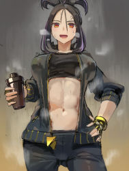 Rule 34 | 1girl, :d, abs, black bra, black hair, black jacket, black pants, bra, breasts, cowboy shot, creatures (company), cross scar, cup, dendra (pokemon), fingerless gloves, game freak, gloves, gluteal fold, gradient background, hair between eyes, hand on own hip, holding, holding cup, jacket, kazo (kazozakazo), large breasts, legs apart, long hair, looking at viewer, navel, nintendo, open clothes, open jacket, open mouth, pants, pink lips, pokemon, pokemon sv, red eyes, red pupils, scar, scar on face, scar on forehead, sleeves past elbows, smile, solo, sports bra, steaming body, sweat, track jacket, underwear, white gloves