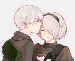 Rule 34 | 1boy, 1girl, bag, black gloves, black hairband, breasts, cleavage, cleavage cutout, closed mouth, clothing cutout, closed eyes, gloves, green bag, grey background, grey hair, hair over one eye, hairband, highres, kiss, mole, mole under mouth, nier (series), nier:automata, puffy sleeves, short hair, simple background, smile, turtleneck, upper body, wu ye bifang, 2b (nier:automata), 9s (nier:automata)