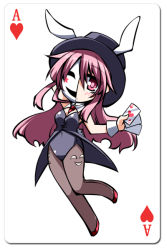 Rule 34 | 1girl, ace (playing card), ace of hearts, animal ears, arm behind head, between breasts, blush, breasts, card, chibi, coat, covered navel, detached collar, expressionless, hat, hata no kokoro, heart, hemogurobin a1c, long hair, magician, mask, necktie, necktie between breasts, pantyhose, pink eyes, pink hair, playing card, rabbit ears, sleeveless, sleeveless coat, solo, top hat, touhou, wrist cuffs