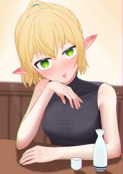 Rule 34 | 1girl, black shirt, blonde hair, blurry, blurry background, blush, bottle, breasts, choko (cup), chromatic aberration, closed mouth, commentary request, commentary typo, cup, expressionless, green eyes, half updo, head tilt, indoors, looking at viewer, medium bangs, medium breasts, mirori no happa, mizuhashi parsee, nose blush, pointy ears, sake bottle, shirt, short hair, short ponytail, sleeveless, sleeveless shirt, solo, table, tokkuri, tongue, tongue out, touhou, turtleneck, upper body