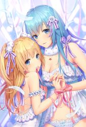 Rule 34 | 2girls, absurdres, aimori meguru, babydoll, bare shoulders, blonde hair, blue eyes, blue hair, breasts, cleavage, emori el, emori miku, feathers, fur collar, hair ribbon, highres, holding hands, huge filesize, lace, lace-trimmed panties, lace trim, lingerie, liver city, long hair, looking at viewer, looking back, medium breasts, multiple girls, navel, panties, parted lips, pink ribbon, pom pom (clothes), ribbon, stomach, two side up, underwear, underwear only, upper body, very long hair, white panties