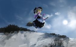 Rule 34 | 1girl, black hat, blonde hair, broom, broom riding, cloud, flying, hat, highres, kirisame marisa, looking at viewer, looking to the side, pointing, scarf, sky, solo, touhou, ushitsuchi, winter, witch hat