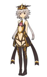 Rule 34 | 1girl, arms behind back, artist request, black footwear, black thighhighs, boots, character request, full body, langrisser, langrisser re:incarnation, long hair, navel, parted lips, silver hair, simple background, sleeveless, solo, thigh boots, thighhighs, white background