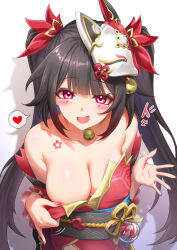 Rule 34 | 1girl, areola slip, bare shoulders, bell, black hair, breasts, butterfly-shaped pupils, cleavage, clothes pull, collarbone, fish, flower tattoo, fox mask, goldfish, hair ornament, heart, highres, honkai: star rail, honkai (series), leaning forward, long hair, looking at viewer, mask, mask on head, medium breasts, neck bell, obi, pink eyes, red nails, royboy, sash, shirt pull, smug, solo, sparkle (honkai: star rail), spoken heart, symbol-shaped pupils, tattoo, twintails