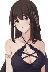 Rule 34 | 1girl, act (xadachit), bare shoulders, breasts, brown eyes, brown hair, cleavage, collarbone, dress, expressionless, girls&#039; frontline, hair ornament, hairclip, long hair, looking at viewer, m4a1 (girls&#039; frontline), m4a1 (suspender of time) (girls&#039; frontline), medium breasts, multicolored hair, purple dress, solo, upper body, white background