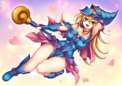 Rule 34 | 1girl, :d, adjusting clothes, adjusting headwear, armpits, bare shoulders, blonde hair, blue footwear, blush stickers, boots, breasts, choker, cleavage, collarbone, dark magician girl, duel monster, green eyes, hair between eyes, hat, holding, holding staff, large breasts, long hair, looking at viewer, open mouth, pentacle, showgirl skirt, smile, solo, staff, wizard hat, yu-gi-oh!, yuki usagi (snowcanvas)
