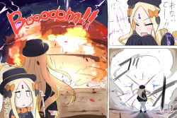 Rule 34 | 1girl, :&lt;, = =, abigail williams (fate), black bow, black dress, black footwear, black hat, blonde hair, blush, bow, bug, butterfly, closed eyes, comic, commentary request, dress, explosion, facing away, fate/grand order, fate (series), forehead beam, hair bow, hat, highres, insect, jitome, keyhole, long hair, long sleeves, neon-tetora, open mouth, orange bow, parted bangs, parted lips, shoes, sleeves past fingers, sleeves past wrists, standing, translation request, triangle mouth, v-shaped eyebrows, very long hair