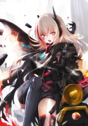 Rule 34 | 1girl, artist name, assault rifle, backlighting, black gloves, black jacket, black thighhighs, blurry, blurry background, breasts, commentary request, depth of field, dinergate (girls&#039; frontline), fangs, girls&#039; frontline, gloves, glowing, gun, hair between eyes, headgear, highres, holding, holding gun, holding weapon, jacket, light brown hair, long hair, m4 carbine, m4 sopmod ii (girls&#039; frontline), medium breasts, multicolored hair, name connection, nekoya (liu), object namesake, open mouth, purple eyes, rain, red hair, rifle, signature, standing, standing on one leg, streaked hair, thighhighs, very long hair, weapon