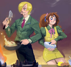 Rule 34 | 1boy, 1girl, absurdres, blonde hair, blue eyes, blush, brown hair, charlotte pudding, cigarette, cooking, couple, curly eyebrows, egg, facial hair, hetero, highres, holding, jacket, long hair, mouth hold, one piece, pants, rita ya, sanji (one piece), short hair, smile, smoke, smoking, third eye, tongue, tongue out, twintails