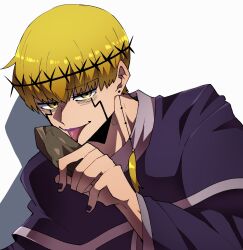 Rule 34 | 1boy, black nails, blonde hair, capelet, cell war, facial mark, hairband, highres, himazinn100, licking, long sleeves, mashle, purple capelet, rock, short hair, solo, spiked hairband, spikes, upper body, yellow eyes