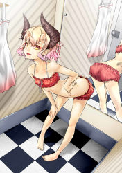 Rule 34 | 1girl, arched back, asmodeus (hiko), ass, barefoot, blonde hair, bloomers, bra, butt crack, changing clothes, checkered floor, cinderella bust, demon girl, demon horns, downpants, dress, fangs, frilled bra, frilled panties, frills, full body, gradient hair, hand on own hip, highres, hiko (hiko224556), horns, leaning forward, looking at viewer, mirror, multicolored hair, oni horns, original, panties, parted lips, pink hair, pointy ears, reflection, short hair, smile, solo, standing, underwear, wavy hair, yellow eyes