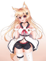 Rule 34 | 1girl, :d, absurdres, animal ear fluff, animal ears, artist request, bell, belt, black shorts, blonde hair, character request, choker, copyright request, dress, fang, fox ears, fox girl, fox tail, gradient background, hair between eyes, hair ornament, hairclip, hairpin, heart, highres, long hair, looking at viewer, navel, neck bell, open mouth, paw pose, red belt, red eyes, sailor collar, scrunchie, short shorts, shorts, simple background, smile, solo, standing, tail, thighhighs, virtual youtuber, white dress, white thighhighs, wrist scrunchie
