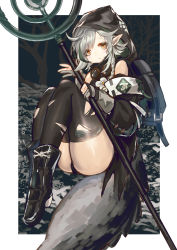 Rule 34 | 1girl, absurdres, ahoge, arknights, backpack, bag, bare tree, black bag, black footwear, black shirt, black sleeves, black thighhighs, boots, border, boutonniere, braid, crocodilian tail, detached sleeves, flower, full body, gloves, goggles, goggles around neck, green background, green hair, grey gloves, grey hair, highres, holding, holding staff, hood, hood up, hooded shirt, knees up, looking at viewer, multicolored hair, outside border, partially fingerless gloves, plant, pointy ears, shirt, short hair, solo, staff, streaked hair, tail, thighhighs, thighs, tomimi (arknights), torn clothes, torn thighhighs, tree, tsugu0302, white border, white flower, yellow eyes
