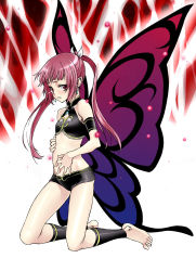 Rule 34 | 00s, 1girl, bare shoulders, barefoot, butterfly wings, earrings, feet, female focus, flat chest, full body, highres, insect wings, jewelry, kneeling, legs, long hair, multicolored wings, parted lips, pink eyes, pink hair, satou atsuki, shorts, solo, tears, umi monogatari, urin (umi monogatari), wings