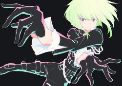 Rule 34 | 1boy, 96 rikku, black gloves, black jacket, blonde hair, ascot, fire, foreshortening, gloves, green hair, half gloves, highres, jacket, jewelry, lio fotia, male focus, outstretched arms, promare, purple eyes, solo
