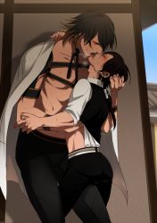 Rule 34 | 10s, 2boys, androgynous, blonde hair, blush, breath, collarbone, earrings, closed eyes, facial hair, french kiss, half-closed eyes, haori, height difference, hiki yuichi, japanese clothes, jewelry, kashuu kiyomitsu, kiss, long hair, male focus, military uniform, mole, mole under mouth, multicolored hair, multiple boys, nagasone kotetsu, nail polish, nipples, outdoors, personification, red nails, saliva, size difference, sweat, tongue, touken ranbu, traditional clothes, two-tone hair, yaoi