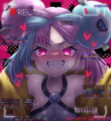 Rule 34 | 1girl, absurdres, aqua hair, bare shoulders, blush, bow-shaped hair, breasts, character hair ornament, clenched teeth, collarbone, creatures (company), game freak, gen 1 pokemon, glitch, grey shirt, gym leader, hair ornament, haronin fukke, heart, heart in eye, hexagon print, highres, iono (pokemon), jacket, looking at viewer, magnemite, medium breasts, multicolored hair, nintendo, oversized clothes, pink eyes, pink hair, pokemon, pokemon sv, portrait, sharp teeth, shirt, sleeveless, sleeveless shirt, solo, split-color hair, sweatdrop, symbol in eye, teeth, two-tone hair, x, yellow jacket