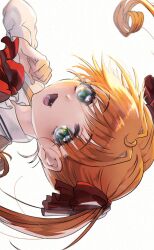 Rule 34 | 1girl, blush, close-up, collared shirt, commentary request, green eyes, hair ribbon, highres, looking at viewer, medium hair, neck ribbon, open mouth, orange hair, red ribbon, ribbon, sayonara wo oshiete, shirt, simple background, smile, solo, tamachi mahiru, tongue, twintails, white background, white shirt, zonsters