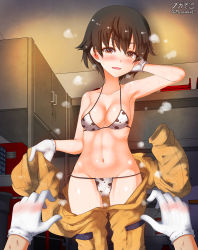 Rule 34 | 2girls, animal print, armpits, bikini, blush, breasts, brown hair, cameltoe, chinese zodiac, cleavage, covered erect nipples, cow print, cowboy shot, female pov, girls und panzer, gloves, hand blush, highres, hoshino (girls und panzer), indoors, jumpsuit, looking at viewer, medium breasts, megadeko, multiple girls, nakajima (girls und panzer), open mouth, pov, short hair, smell, smile, standing, swimsuit, thigh gap, white gloves, year of the ox, yuri