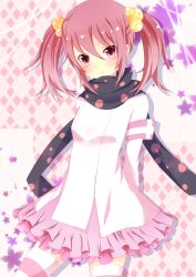 Rule 34 | 10s, 1girl, :&lt;, bloodcatblack, charlotte (madoka magica), hair bobbles, hair ornament, highres, magical girl, mahou shoujo madoka magica, mahou shoujo madoka magica (anime), personification, pink eyes, scarf, solo, twintails
