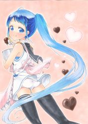 Rule 34 | 1girl, absurdres, alternate hairstyle, apron, black gloves, black thighhighs, blue eyes, blue hair, bowl, chocolate, commentary request, elbow gloves, from behind, gloves, gradient hair, heart, highres, kantai collection, long hair, looking at viewer, looking back, multicolored hair, panties, pink apron, ponytail, samidare (kancolle), school uniform, serafuku, shirt, sleeveless, sleeveless shirt, solo, spatula, swept bangs, thighhighs, traditional media, underwear, very long hair, white panties, yuuki chima