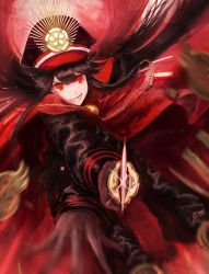 Rule 34 | &gt;:), 1girl, bad id, bad pixiv id, bent over, black hat, black pants, black shirt, cape, chain, crest, dutch angle, eyebrows, family crest, fate/grand order, fate (series), gloves, grin, hair between eyes, hat, highres, holding, holding sword, holding weapon, kururi (9ruri), leaning, leaning forward, long hair, long sleeves, military, military uniform, motion blur, oda nobunaga (fate), oda nobunaga (koha-ace), oda uri, pants, peaked cap, red cape, red theme, shirt, sidelocks, smile, solo, sparkle, sword, teeth, tsurime, uniform, v-shaped eyebrows, very long hair, weapon, white gloves, x arms