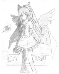 Rule 34 | 1girl, bow, cape, female focus, greyscale, hair ribbon, long hair, monochrome, noorrzz, reiuji utsuho, ribbon, sketch, skirt, solo, thighhighs, touhou, traditional media, white background, wings