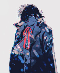 Rule 34 | 1boy, arm sling, bandaged arm, bandages, black jack (character), black jack (series), chromatic aberration, coat, coat on shoulders, collared shirt, hair over one eye, highres, husagin, looking down, male focus, monochrome, neck ribbon, red ribbon, ribbon, scar, scar on face, shirt, short hair, simple background, smile, solo, spot color, white background