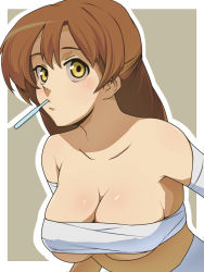 Rule 34 | 00s, bandages, blush, breasts, brown eyes, brown hair, cleavage, code geass, digital thermometer, face, large breasts, long hair, mouth hold, pu-chin, sarashi, shirley fenette, solo, thermometer, yellow eyes