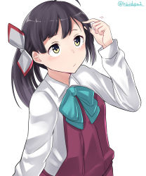 Rule 34 | 1girl, absurdres, ahoge, arm at side, arm up, black eyes, black hair, blue bow, blue bowtie, bow, bowtie, bright pupils, collared shirt, fujinami (kancolle), hair ribbon, highres, kantai collection, kiritto, long hair, long sleeves, looking up, motion lines, multicolored eyes, playing with own hair, ponytail, purple vest, ribbon, shirt, solo, tareme, twitter username, upper body, vest, white ribbon, white shirt, wing collar, yellow eyes