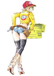 Rule 34 | 1girl, absurdres, ass, baseball cap, belt, black eyes, black thighhighs, blonde hair, boots, cidney aurum, commentary, dirty, dirty face, final fantasy, final fantasy xv, full body, gloves, green eyes, hat, high heel boots, high heels, highres, holding, jacket, knee boots, lips, long sleeves, looking at viewer, looking back, marker (medium), midriff, parted lips, rodrigo yoshimiya, short hair, short shorts, shorts, simple background, smile, solo, square enix, thighhighs, thighs, tool belt, toolbox, tools, traditional media, white footwear, yellow jacket