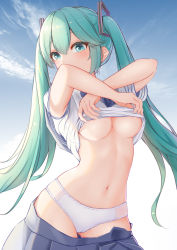 Rule 34 | 1girl, absurdres, aqua eyes, aqua hair, arms up, blue sailor collar, blue sky, breasts, cameltoe, cleft of venus, clothes lift, cloud, covered erect nipples, covered mouth, covering own mouth, cowboy shot, day, hair between eyes, hair ornament, hatsune miku, highres, lifted by self, long hair, looking at viewer, medium breasts, navel, no bra, outdoors, panties, sailor collar, school uniform, shirt, shirt lift, short sleeves, sidelocks, skirt, sky, solo, stomach, twintails, underboob, underwear, undressing, very long hair, vocaloid, white panties, white shirt, yu chang (42680610)