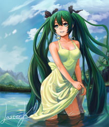 Rule 34 | 00s, 1girl, artist name, bra, clothes lift, cloud, day, dress, dress lift, face, green eyes, green hair, green nails, grin, hatsune miku, highres, lasterk, lingerie, long hair, matching hair/eyes, nail polish, panties, ribbon, see-through, signature, skirt, skirt lift, sky, smile, solo, striped clothes, striped panties, underwear, very long hair, vocaloid, wading, water, wet, wet clothes