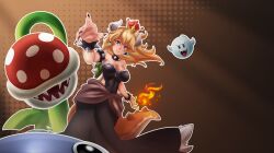 Rule 34 | 1girl, 3others, absurdres, black dress, blonde hair, blue eyes, boo (mario), bowsette, bracelet, breasts, brown background, chain chomp, dress, earrings, fang, feet out of frame, fire, fireball, highres, horns, jewelry, jewery, large breasts, light262, long hair, long nails, mario (series), multiple others, nails, new super mario bros. u deluxe, nintendo, piranha plant, shell, simple background, smile, spiked bracelet, spikes, super crown, tail