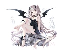 Rule 34 | 1girl, absurdres, ankle cuffs, areola slip, barefoot, black dress, black wings, breasts, brown eyes, chain, cleavage, closed mouth, commentary request, demon girl, demon horns, demon tail, demon wings, dress, grey hair, head tilt, highres, horns, loading (verjuice), long hair, looking at viewer, medium breasts, original, simple background, sitting, skull, sleeveless, sleeveless dress, smile, solo, tail, transparent background, two side up, very long hair, wings