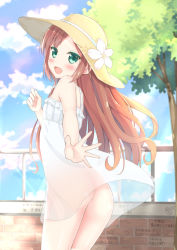 Rule 34 | 1girl, ass, bad id, bad pixiv id, blush, borrowed character, brown hair, commentary request, day, dress, from behind, green eyes, hat, highres, karutamo, long hair, looking back, minazuki sarami, no panties, open mouth, original, outdoors, see-through, smile, solo, sun hat, sundress, writing on wall