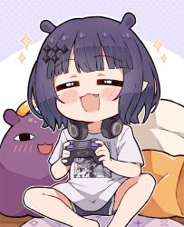 Rule 34 | 1girl, = =, animal ears, barefoot, black hair, black shorts, blush stickers, bob cut, chibi, closed eyes, commentary, controller, english commentary, facing viewer, game controller, hair ornament, hairclip, headphones, headphones around neck, highres, holding, holding controller, holding game controller, hololive, hololive english, kukie-nyan, mole, mole under eye, ninomae ina&#039;nis, ninomae ina&#039;nis (loungewear), official alternate costume, official alternate hair length, official alternate hairstyle, pointy ears, print shirt, shirt, short hair, short shorts, shorts, sitting, solo, t-shirt, takodachi (ninomae ina&#039;nis), virtual youtuber, white shirt