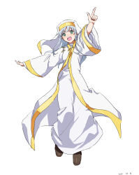Rule 34 | 1girl, absurdres, arm up, bright pupils, brown footwear, contrapposto, flat chest, gold trim, green eyes, habit, highres, index (toaru majutsu no index), long hair, looking at viewer, nun, open mouth, outstretched arm, pointing, robe, safety pin, shadow, smile, standing, takatisakana, toaru majutsu no index, white background, white pupils, white robe