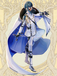 Rule 34 | 1boy, aiguillette, belt, black belt, black gloves, blue cape, blue eyes, blue hair, boots, buttons, cape, covered mouth, cross-laced footwear, cutout gloves, dairoku ryouhei, dark blue hair, double-breasted, flower knot, full body, fur-trimmed cape, fur trim, gloves, hair between eyes, highres, holding, holding sword, holding weapon, jacket, lace-up boots, legwear garter, long sleeves, looking at viewer, male focus, mask, mouth mask, nogawaina, official art, open hand, outstretched arm, pants, rapier, short hair with long locks, side cape, sleeve cuffs, sleeve garter, solo, standing, sword, tassel, two-sided cape, two-sided fabric, weapon, white cape, white footwear, white jacket, white pants
