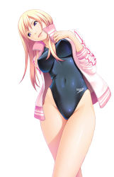 Rule 34 | 1girl, blonde hair, breasts, competition swimsuit, covered erect nipples, crossed legs, head tilt, highleg, highleg swimsuit, jacket, kuri (kurigohan), large breasts, leaning, long hair, one-piece swimsuit, open clothes, open jacket, perky breasts, purple eyes, shiny clothes, simple background, sitting, skin tight, sleeves pushed up, smile, solo, speedo (company), swimsuit, swimsuit under clothes, thighs, track jacket