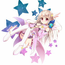 Rule 34 | 1girl, ankle wings, bare shoulders, blush, boots, closed mouth, commentary request, detached sleeves, dot nose, fate/kaleid liner prisma illya, fate (series), full body, hands up, head tilt, holding, holding wand, illyasviel von einzbern, knees together feet apart, long hair, long sleeves, looking at viewer, magical girl, pigeon-toed, platinum blonde hair, prisma illya (zwei form), red eyes, smile, solo, star (symbol), thigh boots, thighhighs, wand, wari (nirodo26), wide sleeves, wings