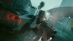 Rule 34 | 1girl, absurdres, assault rifle, black vest, building, car, city, cloud, cloudy sky, commentary, dangle earrings, drop earrings, earrings, elf, frieren, green eyes, grey hair, gun, highres, holding, holding gun, holding weapon, jewelry, making-of available, motor vehicle, nissan, nissan gt-r, outdoors, palm tree, pointy ears, rain, rifle, sky, solo, sousou no frieren, traffic light, tree, twintails, vest, weapon, wet, yao liao wang