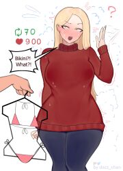 Rule 34 | 1boy, 1girl, absurdres, blonde hair, blue eyes, blush, breasts, dazz chan, highres, large breasts, long hair, long sleeves, looking at viewer, open mouth, original, simple background, white background
