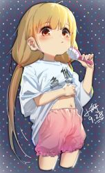 Rule 34 | 1girl, black background, blonde hair, blush, brown eyes, clothes lift, dated, futaba anzu, hair brush, hand up, highres, holding, holding brush, idolmaster, idolmaster cinderella girls, lifted by self, long hair, low twintails, multicolored polka dots, parted lips, pink shorts, polka dot, polka dot background, shirt, shirt lift, short shorts, short sleeves, shorts, signature, solo, twintails, very long hair, white shirt, xiaoyu, you work you lose
