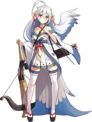 Rule 34 | 1girl, ahoge, arrow (projectile), bare shoulders, bow (weapon), crossbow, full body, holding, holding arrow, holding bow (weapon), holding crossbow, holding weapon, kekemotsu, long hair, official art, oshiro project:re, quiver, red eyes, sandals, skirt, smile, solo, standing, thighhighs, transparent background, weapon, white hair, yanagawa (oshiro project)