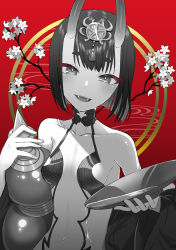 Rule 34 | 1girl, 90kyuuri, alcohol, bare shoulders, bob cut, breasts, collarbone, cup, eyeliner, fangs, fate/grand order, fate (series), gourd, gradient background, headpiece, horns, japanese clothes, kimono, long sleeves, looking at viewer, makeup, navel, off shoulder, oni, open clothes, open kimono, open mouth, pouring, red background, revealing clothes, sakazuki, sake, short hair, shuten douji (fate), skin-covered horns, small breasts, smile, wide sleeves