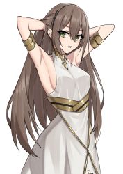 Rule 34 | 1girl, adele (fate), armlet, armpits, arms behind head, arms up, bare shoulders, breasts, brown hair, dress, elfenlied22, fate/grand order, fate (series), green eyes, hair between eyes, highres, jewelry, long hair, looking at viewer, medium breasts, neck ring, parted lips, sideboob, simple background, solo, underbust, very long hair, white background, white dress