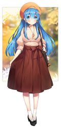 Rule 34 | 1girl, :o, alternate hair length, alternate hairstyle, ayamy, black footwear, blue hair, blurry, blurry background, blush, bow, breasts, brown bow, brown headwear, brown skirt, commentary, full body, hair ornament, highres, jewelry, large breasts, long hair, long sleeves, necklace, pleated skirt, puffy long sleeves, puffy sleeves, re:zero kara hajimeru isekai seikatsu, rem (re:zero), shoes, skirt, socks, solo, sweater tucked in, symbol-only commentary, white socks, x hair ornament